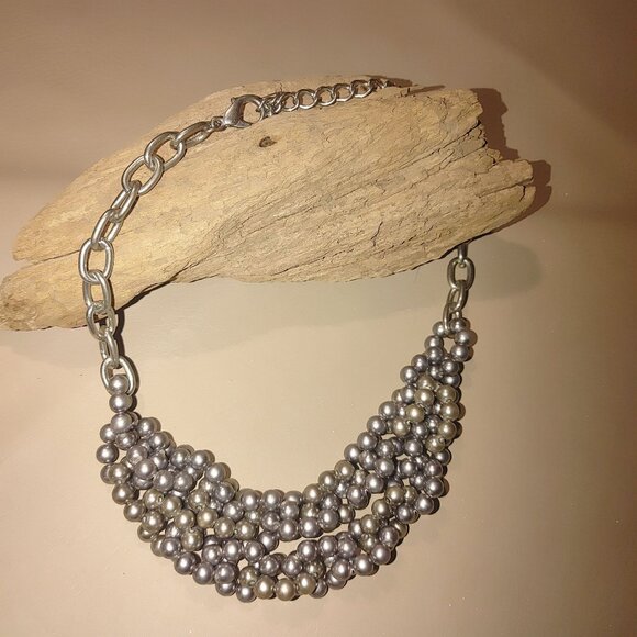 Vintage Large Statement Multi Strand Silver Round Pearl Necklace  Chain Clasp - Picture 2 of 7